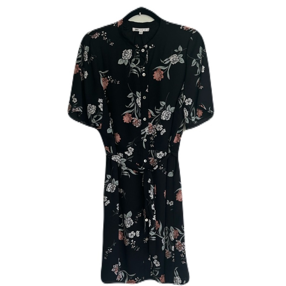 DR2 Black Floral Button-Front Mini Dress with Tie Waist